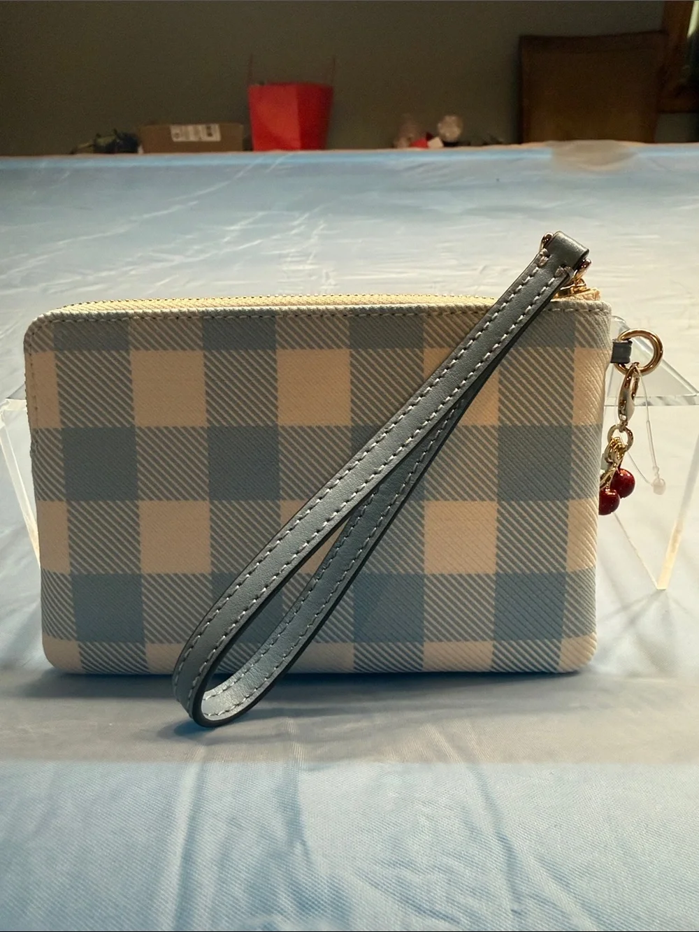 Coach Blue and White Gingham Wristlet with Cherry Charm - Picture 3 of 8